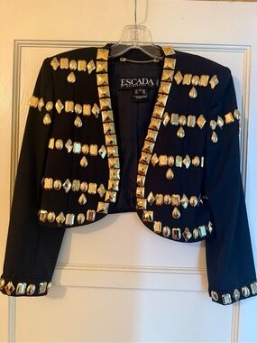 Escada Black Cropped Jacket with Gold Gem Embellishments